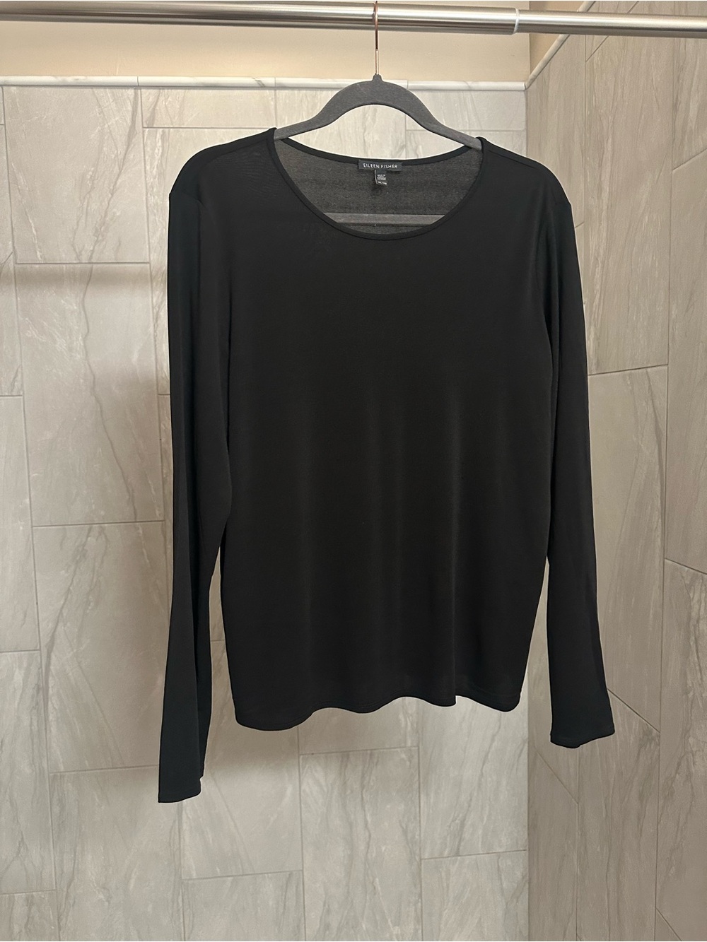 Eileen Fisher Long-Sleeve Silk Crewneck Top Black Jersey Luxury Minimalist XL